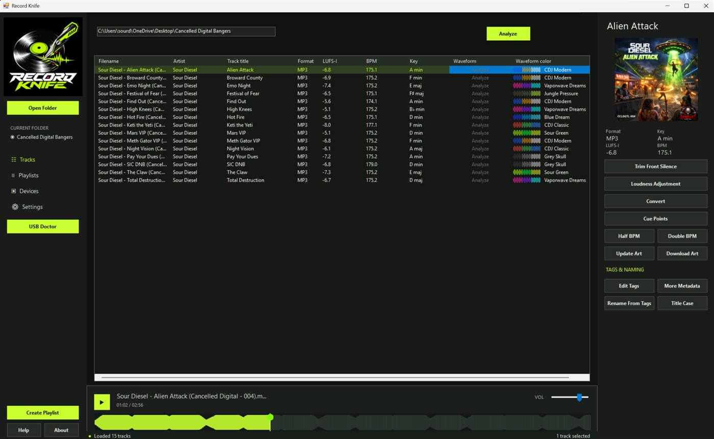 Actual Record Knife Windows app showing the track list, editing tools, and player